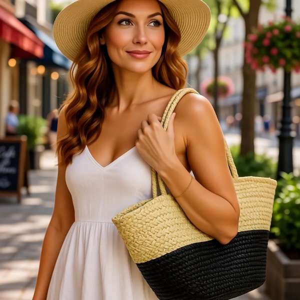 Straw Tote: Woven Wheat Straw Tote - 2 Tones - Black - BG-R11053BK